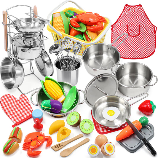 Kids Pretend Play Kitchen Toys Accessories Set, 32 Items Stainless Steel Toy Pots and Pans Sets w/ Rack Organizer, Metal Cooking Utensils & Holder, Apron Play Food Basket for Kids Girls Boys Toddlers